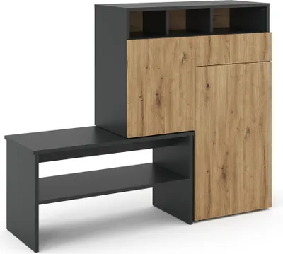 A modern shoe cabinet with a bench attached, shown against a white background.