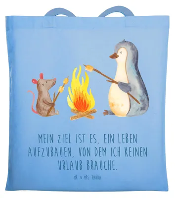 Produktbild von Mr. & Mrs. Panda Jutebeutel Pinguin Lagerfeuer - Sky Blue - Geschenk, Laptoptasche, Grillen, Shopping Tasche, Tote Bag, Job, Arbeit, Schultasche