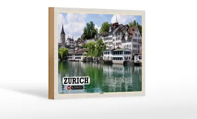 Produktbild von Holzschild Reise Zürich Schweiz Altstadt Fluss 18x12 cm Dekoration