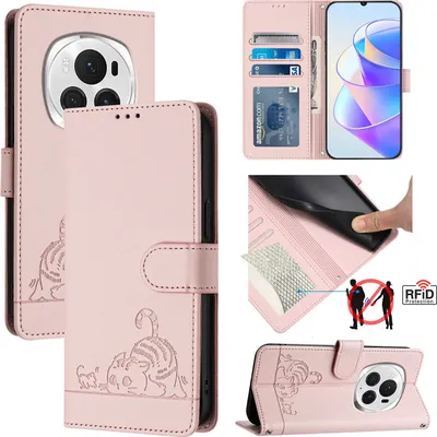 Produktbild von Leder Hülle für Honor Magic6 Pro Süße Katze Flip Case Brieftasche Schutzhülle mit Standfunktion Pink