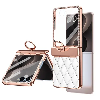 Produktbild von Hülle für Samsung Galaxy Z Flip8 mit Ringhalterung, Luxus Glitzer Bling Überzug Scharnierschutz Handyhülle Weiß
