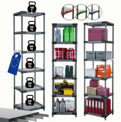 Produktbild von MODO24 Kunststoffregal, 6 Ablagen, 160kg/Boden, Schwerlast, Steckregal, Lagerregal, Plastikregal, Werkstatt, 222x70x46?cm, Grau, TYTAN