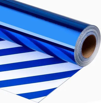 Image de Papier cadeau réversible bleu métallisé uni et rayé, mini-rouleau de 10 m