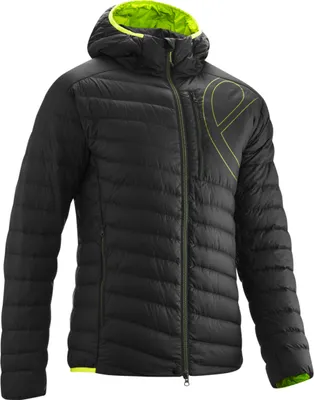 Schwarze; isolierte Jacke mit Kapuze von Edelrid; Modell "Me Eldo Jacket"; mit grünen Akzenten und Reißverschluss.
