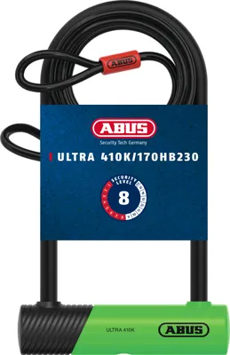 Produktbild von ABUS Bügelschloss 410K Ultra für Fahrrad und E-Scooter - handliches und robustes Fahrradschloss mit praktischer Halterung zum Transport - Fahrrad-Zubehör - Variante 150HB230 - 230 mm hoher Bügel - Grün + Cobra 10/120 - 120 mm Seillänge