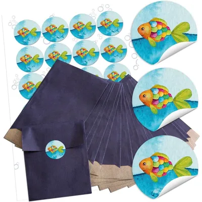 Produktbild von 24 kleine blaue Papiertüten blau türkis pink orange Regenbogen-Fisch 7 x 9 cm + 24 runde Aufkleber - Verpackung give-away Mitgebsel Kinder24 Stück / 13 x 18 cm