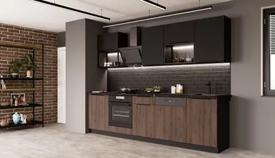 Produktbild von Küche MONZA + SIENA BASIC LOFT 280 cm Küchenzeile Küchenblock Einbauküche Nussbaum Okapi matt + Schwarz matt