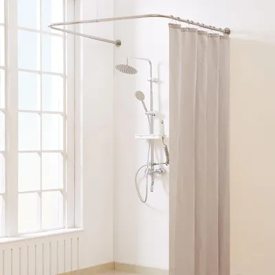 Produktbild von U-förmige Duschvorhangstange - Verstellbar 60-132 cm - 12 Haken - Deckenstütze - Gebürstetes Nickel
