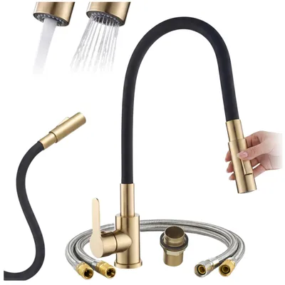 Obrázek produktu pro Granitan | Kuchyňská baterie Reno – výška 680 mm – ohebný výtok – zlatá kuchyňská baterie – otočná o 360°