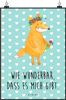 Produktbild von Mr. & Mrs. Panda Bild Fuchs Blumen DIN A1 - Türkis Pastell - Geschenk, Liebe, drucke, wanddeko, Wandbild, Plakat, Blumenliebe, Wanddekoration, Mich, Boho