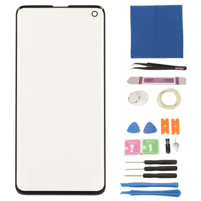 A collection of tools and a replacement screen for a smartphone.