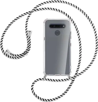Produktbild von Handykette Backcover-Schutzhülle mit Band (Metall silberfarben) für LG K41S LM-K410 - schwarz/weiß gestreift