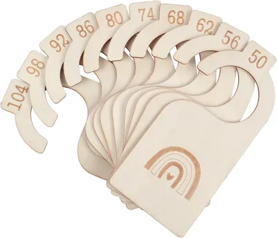 Produktbild von Holz Größentrenner für Babykleidung, 10 Stück, Größenkarte 50-104, Schrankteiler