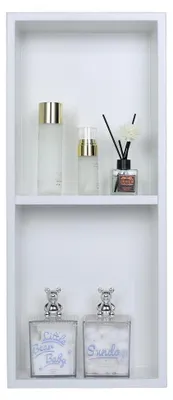 Immagine prodotto di Nicchia da incasso per doccia, acciaio inossidabile, finitura bianco opaco, dimensioni 60x20x10 cm, da incasso, 2 ripiani