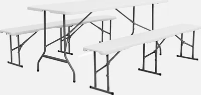 A white plastic folding table and two benches on a white background.