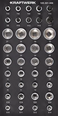 Zdjęcie produktu dla KRAFTWERK 105.301.006, Zestaw nasadek, 1/2", Metryczny, 38 głowic(e), 8,10,11,12,13,14,15,16,17,18,19,20,21,22,23,24,26,27,28,30,32 mm, E10, E11, E12, E14, E16, E18, E20, E24, T45, T50, T55, T60, T70