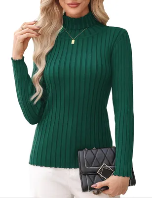Productafbeelding van Aottori damespullover, lange mouwen, elegant, geribd, groene kleur, maat S