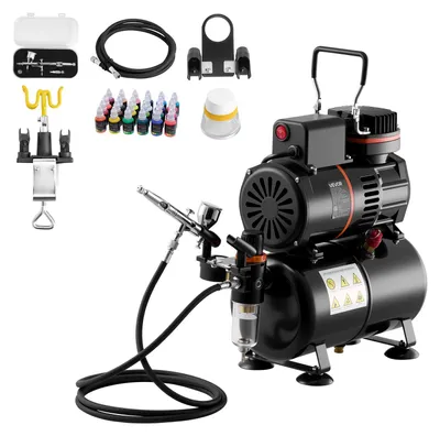 Obrázek produktu pro VEVOR airbrush set 1/6 hp se vzduchovým kompresorem a nádrží, 1 dvojčinný airbrush s 1 tryskou (0,3 mm) a hadicí a akrylovou barvou )(24) a 2 ventilátory, pro zdobení dortů, malování modelů, nail art