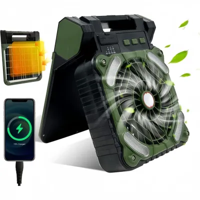 Produktbild von 3-in-1 Solar Camping Fan mit LED, 4 Geschwindigkeitsstufen, 3 Helligkeiten, 5200 mAh, Timer, Handyaufladung, für Camping, Zuhause, Büro