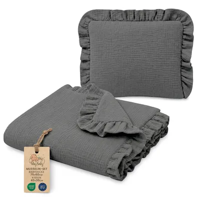 Produktbild von Musselindecke Baby Musselin Set 75x60 cm mit Kissen 40x30 cm Dunkelgrau