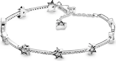 A silver bracelet with star charms and clear stones, displayed on a white background.