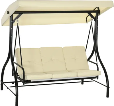 Produktbild von Outsuuny 2 in 1 Hollywoodschaukel mit Liegefunktion 3-Sitzer Gartenschaukel mit verstellbarem Sonnendach, Schaukelbank belast bis 240kg, Gartenliege für Garten, Terrasse, 195x117x175 cm, Beige