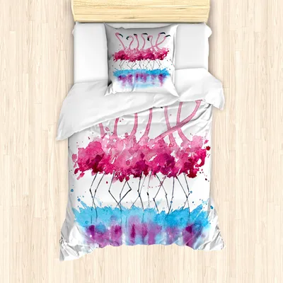 Produktbild von ABAKUHAUS Flamingo Bettbezug Set für Einzelbetten, Tropische Aquarell Vogel, Milbensicher Allergiker geeignet mit Kissenbezug, Weiß Hellrosa Dunkles Himmel Blau
