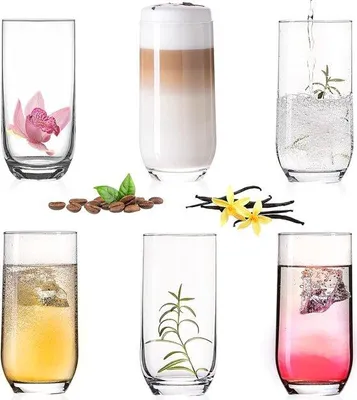 Produktbild von Unyqoos® Trinkgläser 6er-Set – klare Longdrink- & Wassergläser, 360 ml Füllmenge (max. 440 ml), 14,5 cm hoch, Ø 6,4 cm, gepresstes Glas