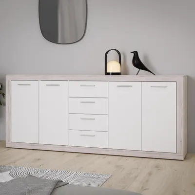 Produktbild von Forte BACCIO Sideboard 200, moderne Kommode für Wohn-/Schlafzimmer, 4-türig, 4 Schubladen, Holzwerkstoff, Sandeiche Holzdekor|Weiß, 197,1 cm breit x 91,9 cm hoch x 41 cm tief