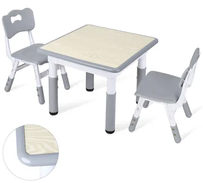 Produktbild von ISOISL Höhenverstellbare Kindersitzgruppe, Grau Holzoptik, 60 x 60 cm, 2 Stühle