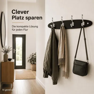Produktbild von Garderobenleiste 4 Haken Wandgarderobe Hakenleiste Kleiderhaken 45cm Schwarz