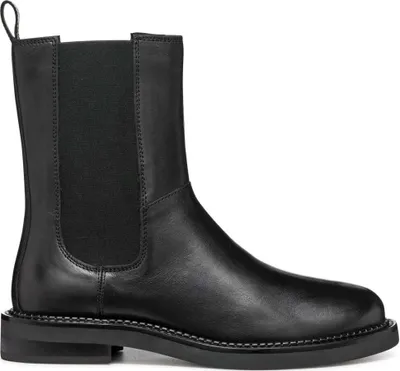 A black leather Chelsea boot is shown against a white background.
