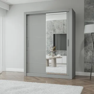 Produktbild von Schwebetürenschrank LION, Schlafzimmer, Kleiderschrank Schrank 150 cm Grau/Grau mit Spiegel, alufarbene PVC-Griffe