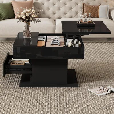 Productafbeelding van Salontafel, 70 x 70 x 45 cm, 100% spaanplaat, zwart, vierkant, met 360° draaibare tafelblad, uitschuifbaar tot 59 cm, met 1 lade