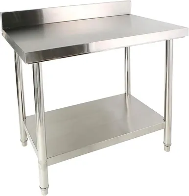 Obrázek produktu pro Nerezový kuchyňský pracovní stůl - 150x85x60 cm s okrajem - Gastro stůl s nosností až 140 kg - Nerezový gastro stůl do kuchyně s nastavitelnými nohami a velkou spodní odkládací plochou