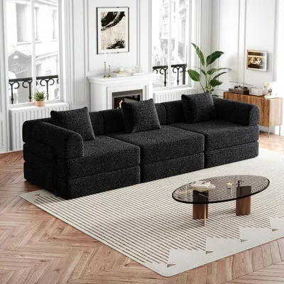 Image de OKWISH Canapé-Lit Modulable 3 Places - avec Cadres Métalliques et Rangement dans Accoudoir, en Chenille, Noir