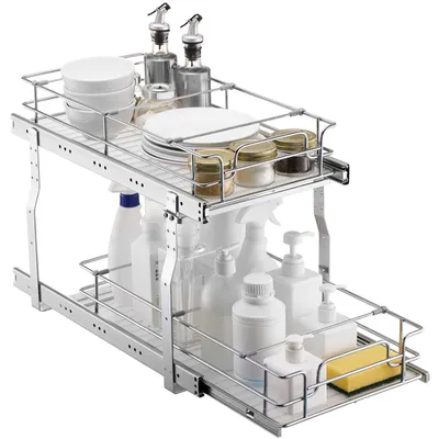 Immagine prodotto di VEVOR Scaffale estensibile per lavabo con ripiano per lavabo a 2 livelli (305 x 533 x 385 mm), scaffale in acciaio cromato per cucina e bagno