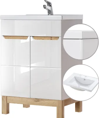 Produktbild von Waschtischunterschrank inkl. 61 cm Keramik-Waschtisch SOLNA-56 Hochglanz weiß mit Wotaneiche, B x H x T ca. 61 x 85 x 46cm