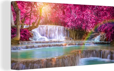 Produktbild von MuchoWow® - Leinwandbilder - Wasserfall - Regenbogen - Bäume - Rosa - Natur, Wandbild, Wanddeko Bilder Wohnzimmer, 80x40 cm