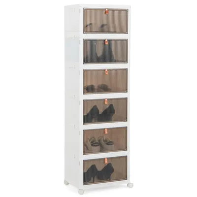 Immagine prodotto di COSTWAY Scatole portaoggetti a 6 livelli con coperchio e rotelle, scatole impilabili con ante magnetiche trasparenti, scatole pieghevoli per riporre scarpe, giocattoli, vestiti