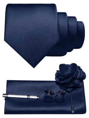 Produktbild von Herren Krawatten-Set Twill einfarbig Marineblau mit Pocket Square, Manschettenknöpfen, Krawattenklemme, Brosche