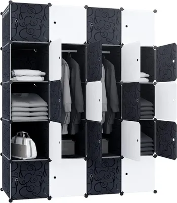 Immagine prodotto di Organizzatore modulare per armadi "DIY" della marca QEENTOE, dotato di asta appendiabiti, ideale per riporre abiti, scarpe e libri, composto da 20 moduli, colore nero e bianco