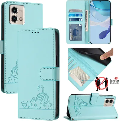 Produktbild von Leder Hülle für Motorola Moto G Stylus 5G (2023) Süße Katze Flip Case Brieftasche Schutzhülle mit Standfunktion hellgrün