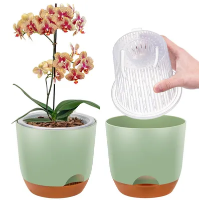 Produktbild von 2er-Set Orchideentopf Groß 18,2 cm Grün Selbstbewässerung mit Übertopf