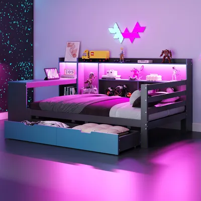 Produktbild von STILVORA Schlafsofa 90 x 200 cm mit Matratze Bettgestell mit Schreibtisch Bücherregal und Staufächern LED Beleuchtung und Steckdosen, Holzbett mit Schubladen Regalen und Stauraum, Multifunktionsbett für Schlafzimmer Wohnzimmer Schwarz und Blau