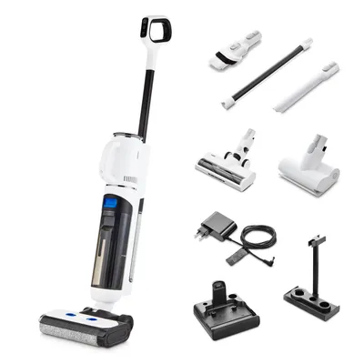 A white and black cordless wet dry vacuum cleaner and its accessories are displayed against a white background.