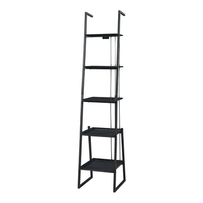 A tall, black ladder shelf with five shelves against a white background.