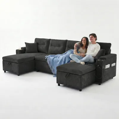 Produktbild von LVHOM U-Form Schlafsofa mit Bettkasten, USB-C - Ecksofa mit Schlaffunktion, Cord Wohnzimmersofa 4-Sitzer, Couchgarnitur mit Stauraum, Schwarz