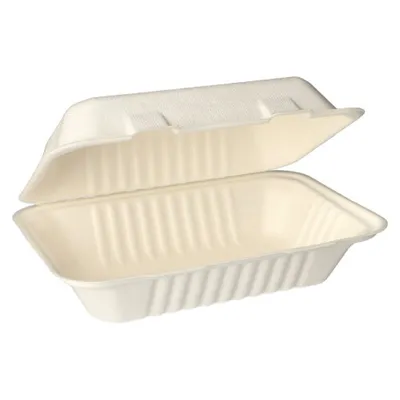 A white, open food container made of sugarcane fiber.