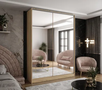 Produktbild von Moderner 2-türiger Kleiderschrank mit Schiebetüren in Sonoma Eiche mit 2 Spiegeln 180x58x250 cm – für Schlafzimmer und Flur